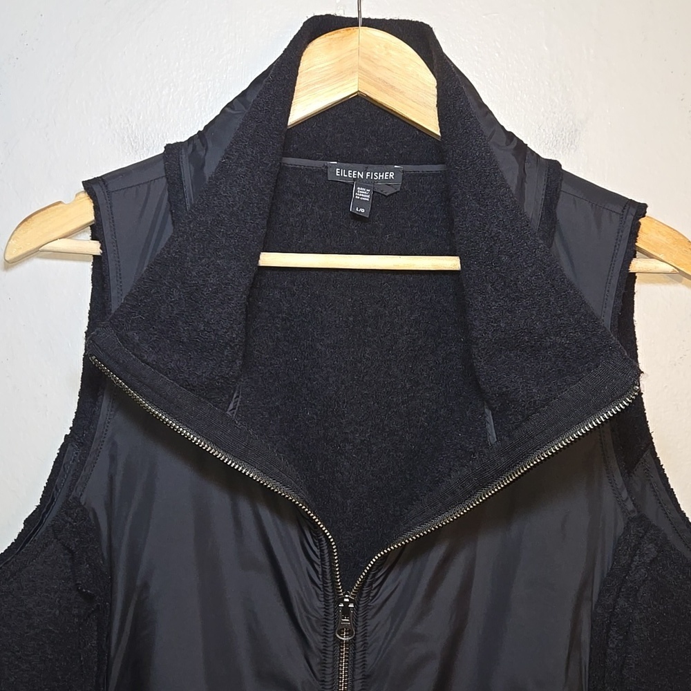 Eileen Fisher Boiled Wool Parka Trim Stand-Collar Black Vest Jacket Large - Picture 3 of 10